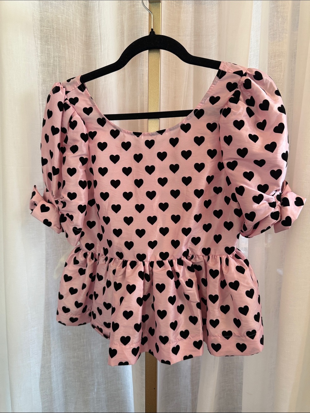 LoveShackFancy Pink Heart Peplum Blouse with Black Hearts